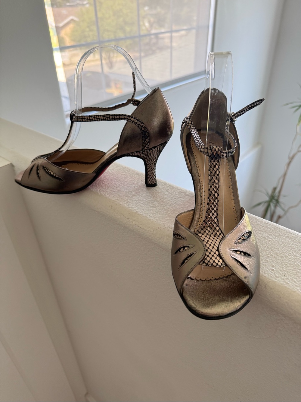 Metallic Pewter Peep-Toe T-Strap Heels for Women 9